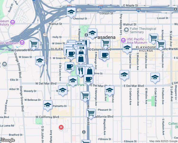 map of restaurants, bars, coffee shops, grocery stores, and more near 150 South Arroyo Parkway in Pasadena