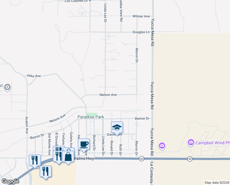 map of restaurants, bars, coffee shops, grocery stores, and more near 59080 Nelson Avenue in Yucca Valley