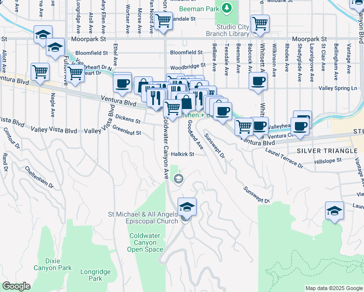 map of restaurants, bars, coffee shops, grocery stores, and more near 3966 Alcove Avenue in Los Angeles