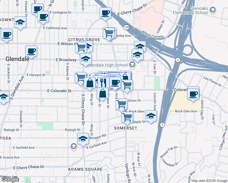 map of restaurants, bars, coffee shops, grocery stores, and more near 1358 East Colorado Street in Glendale