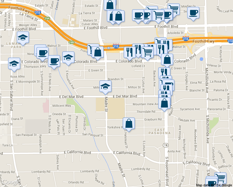 map of restaurants, bars, coffee shops, grocery stores, and more near 3455 East Del Mar Boulevard in Pasadena