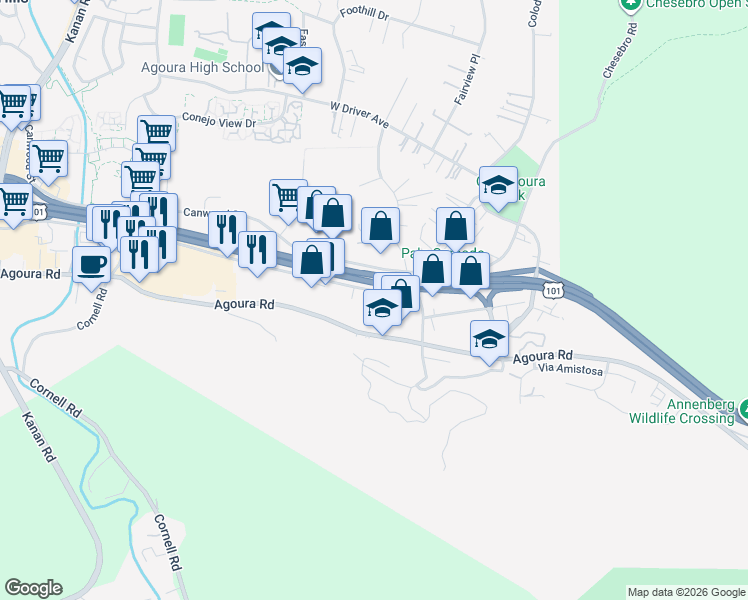 map of restaurants, bars, coffee shops, grocery stores, and more near 28350 Roadside Drive in Agoura Hills