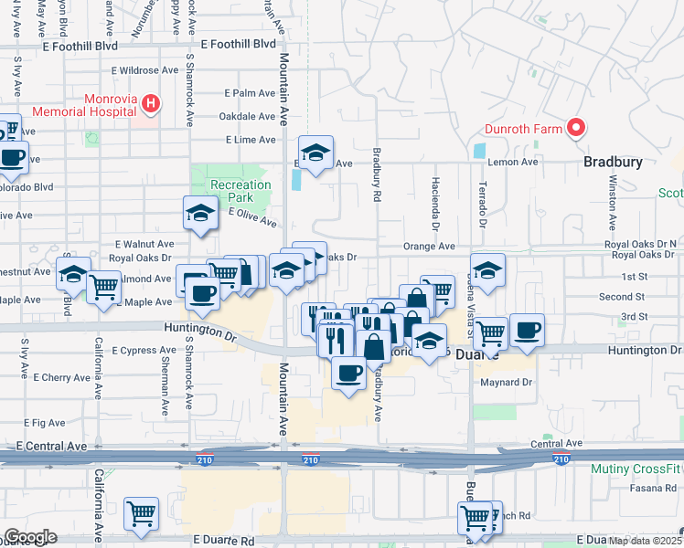 map of restaurants, bars, coffee shops, grocery stores, and more near 1016 Royal Oaks Drive in Monrovia