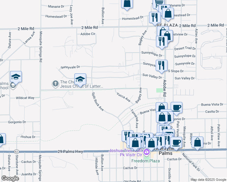 map of restaurants, bars, coffee shops, grocery stores, and more near 73353 Yucca Avenue in Twentynine Palms