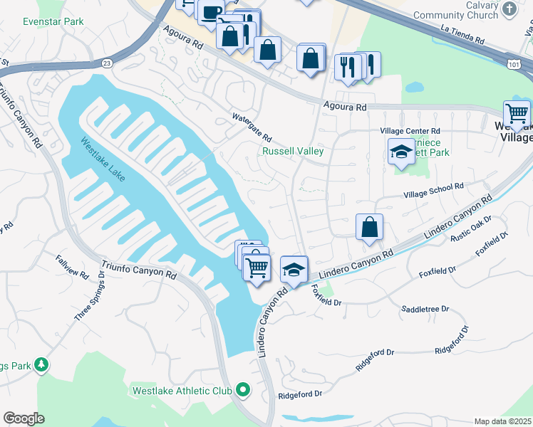 map of restaurants, bars, coffee shops, grocery stores, and more near 32128 Harborview Lane in Westlake Village