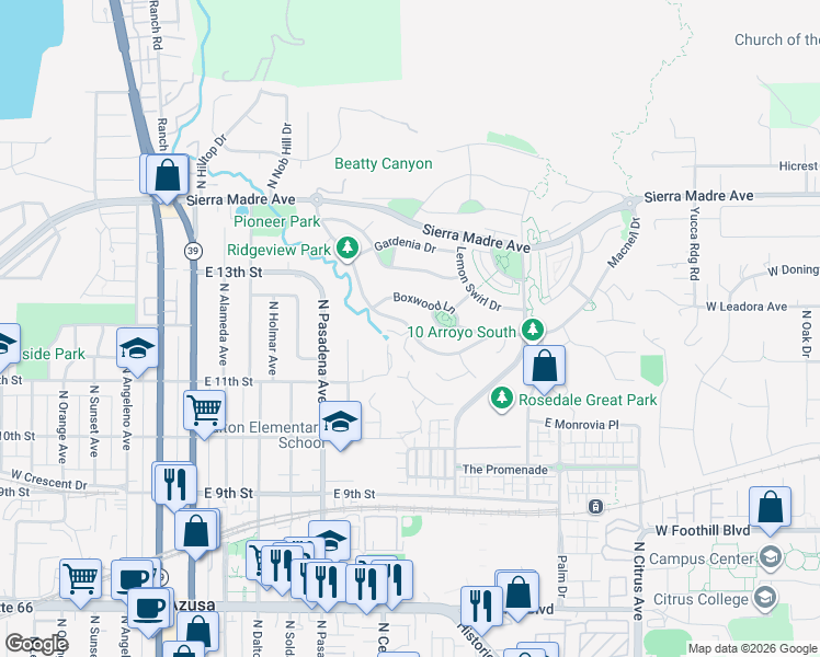 map of restaurants, bars, coffee shops, grocery stores, and more near 572 East Vosburg Drive in Azusa