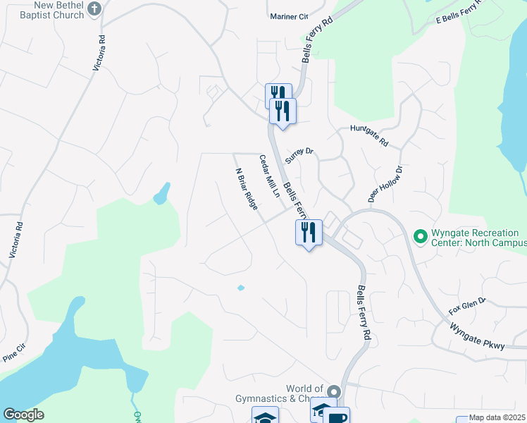map of restaurants, bars, coffee shops, grocery stores, and more near 304 North Briar Ridge in Woodstock