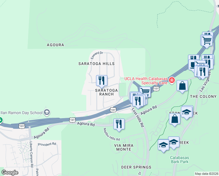 map of restaurants, bars, coffee shops, grocery stores, and more near 26950 Helmond Drive in Agoura Hills