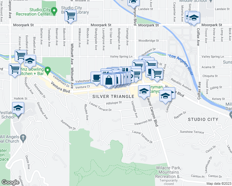 map of restaurants, bars, coffee shops, grocery stores, and more near 12207 Cantura Street in Los Angeles