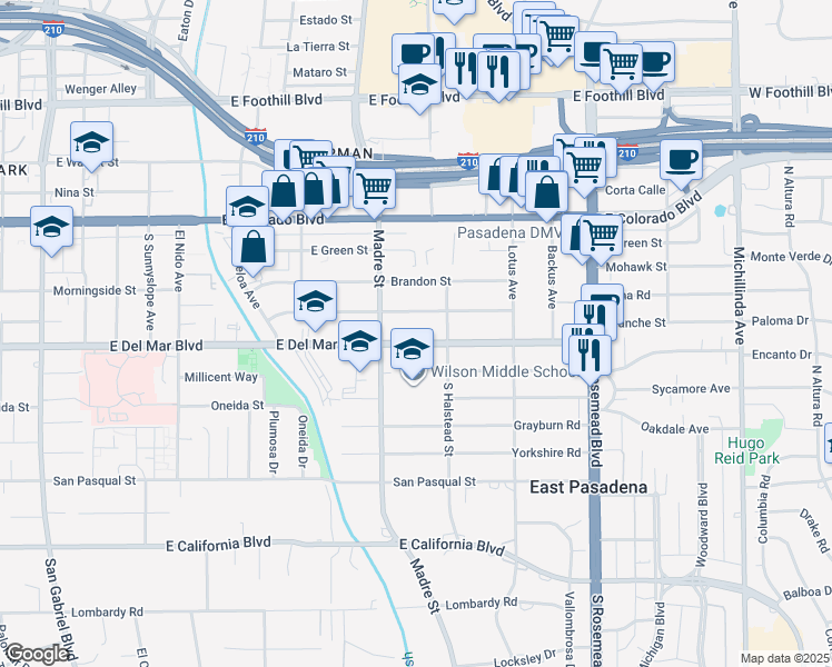 map of restaurants, bars, coffee shops, grocery stores, and more near 3458 Milton Street in Pasadena