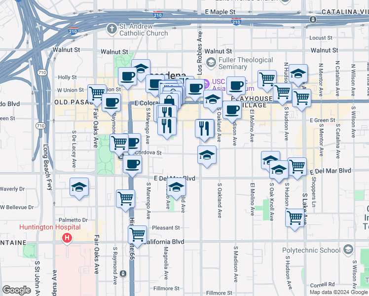 map of restaurants, bars, coffee shops, grocery stores, and more near 178 South Euclid Avenue in Pasadena