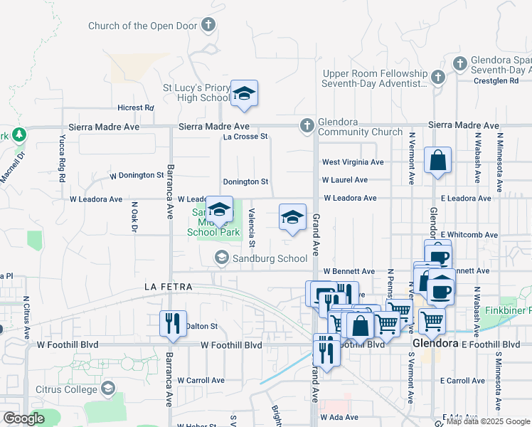 map of restaurants, bars, coffee shops, grocery stores, and more near 656 West Comstock Avenue in Glendora