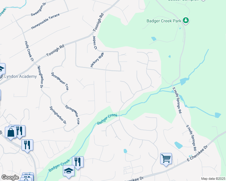 map of restaurants, bars, coffee shops, grocery stores, and more near 1094 Ashlin Drive in Woodstock