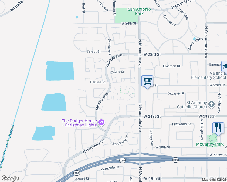map of restaurants, bars, coffee shops, grocery stores, and more near 2183 Paris Circle in Upland