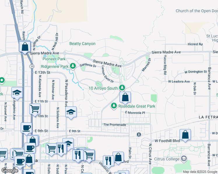 map of restaurants, bars, coffee shops, grocery stores, and more near 689 Boxwood Lane in Azusa