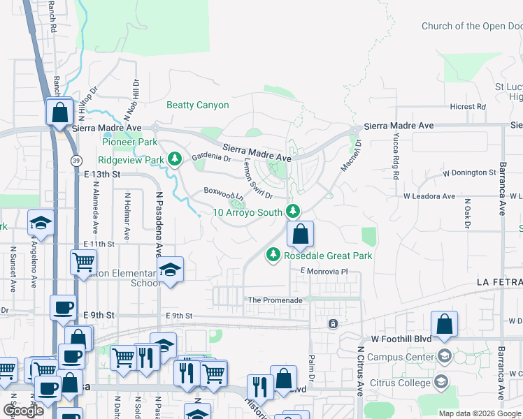 map of restaurants, bars, coffee shops, grocery stores, and more near 689 Boxwood Lane in Azusa