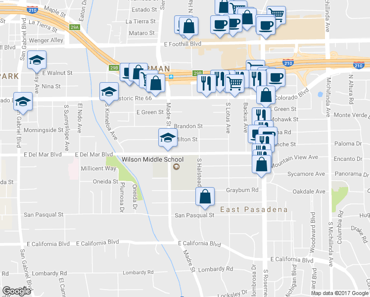 map of restaurants, bars, coffee shops, grocery stores, and more near 3457 East Del Mar Boulevard in Pasadena