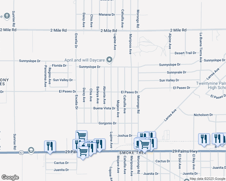 map of restaurants, bars, coffee shops, grocery stores, and more near 6074 Mojave Avenue in Twentynine Palms