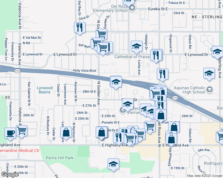 map of restaurants, bars, coffee shops, grocery stores, and more near 2792 Conejo Drive in San Bernardino