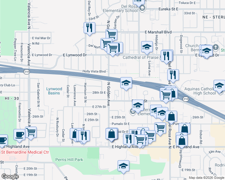 map of restaurants, bars, coffee shops, grocery stores, and more near in San Bernardino