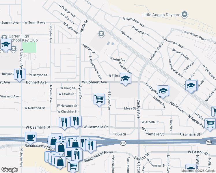 map of restaurants, bars, coffee shops, grocery stores, and more near 915 West Bohnert Avenue in Rialto