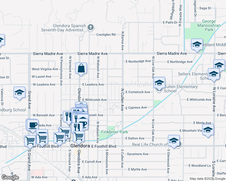 map of restaurants, bars, coffee shops, grocery stores, and more near 450 North Minnesota Avenue in Glendora
