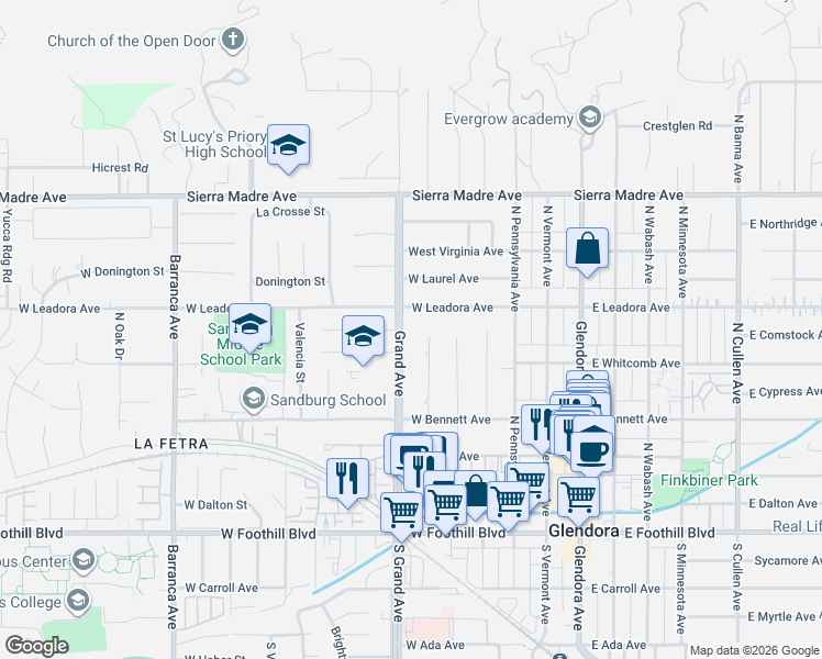 map of restaurants, bars, coffee shops, grocery stores, and more near 442 West Leadora Avenue in Glendora