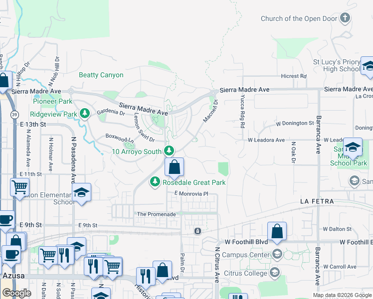 map of restaurants, bars, coffee shops, grocery stores, and more near 1236 Macneil Drive in Azusa