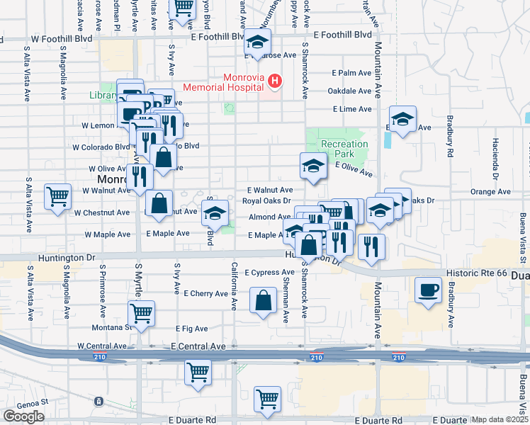 map of restaurants, bars, coffee shops, grocery stores, and more near 512 Royal Oaks Drive in Monrovia