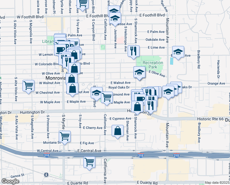 map of restaurants, bars, coffee shops, grocery stores, and more near 512 Royal Oaks Drive in Monrovia