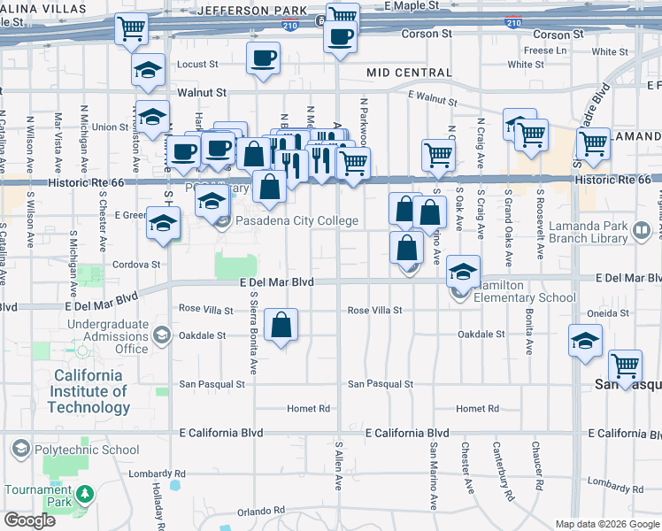 map of restaurants, bars, coffee shops, grocery stores, and more near 164 South Allen Avenue in Pasadena