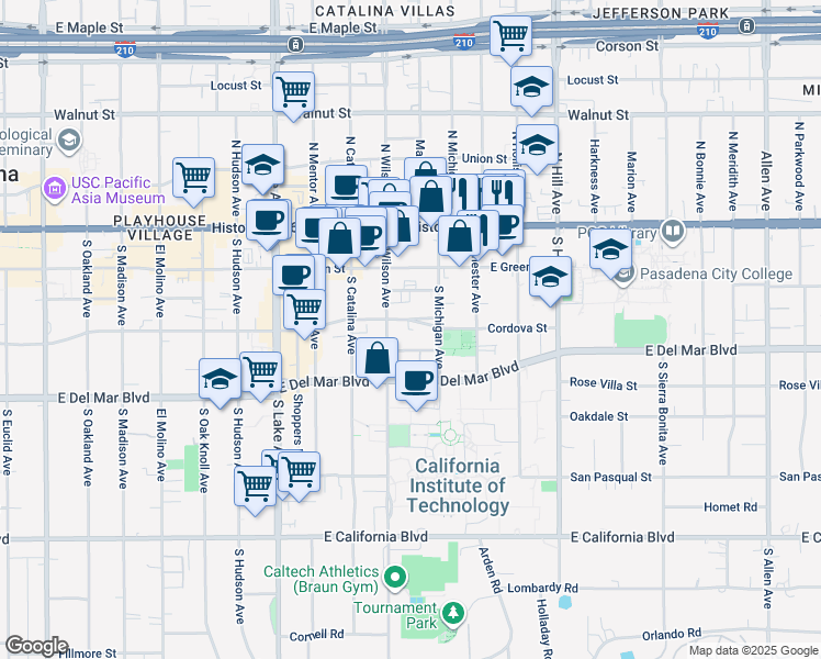map of restaurants, bars, coffee shops, grocery stores, and more near 1153 Cordova Street in Pasadena