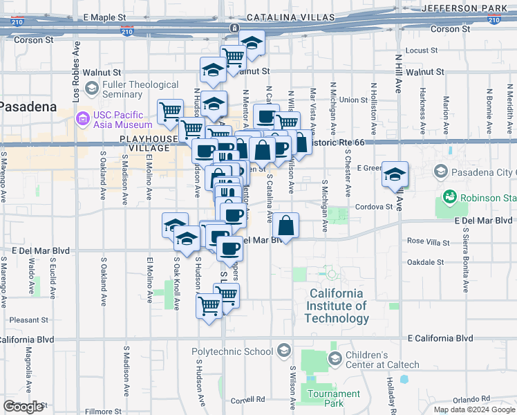 map of restaurants, bars, coffee shops, grocery stores, and more near 999 Cordova Street in Pasadena
