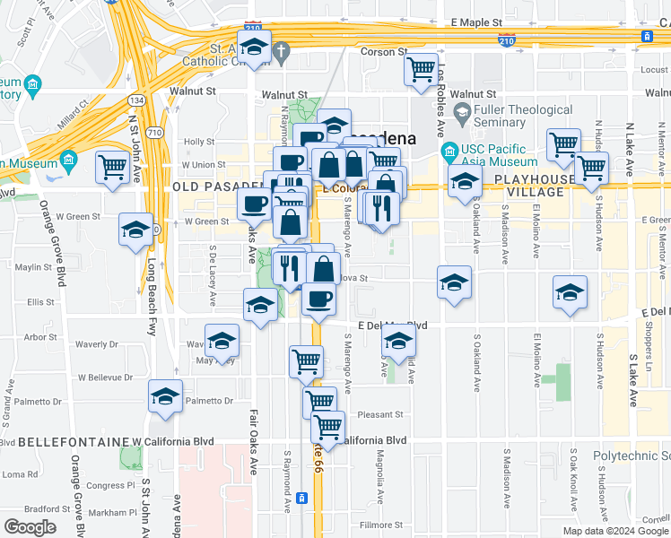 map of restaurants, bars, coffee shops, grocery stores, and more near 187 South Marengo Avenue in Pasadena
