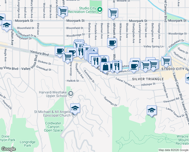 map of restaurants, bars, coffee shops, grocery stores, and more near 4028 Sunswept Drive in Los Angeles