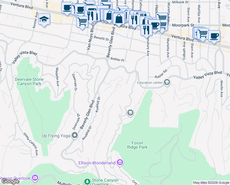 map of restaurants, bars, coffee shops, grocery stores, and more near 3969 Oakfield Drive in Los Angeles