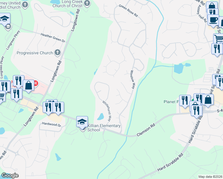map of restaurants, bars, coffee shops, grocery stores, and more near 25 Winslow Court in Columbia