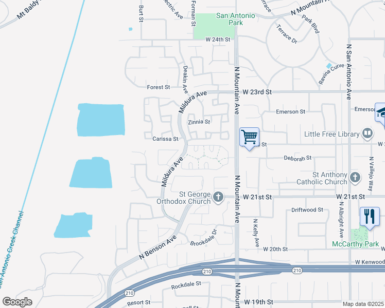map of restaurants, bars, coffee shops, grocery stores, and more near 2183 Paris Circle in Upland