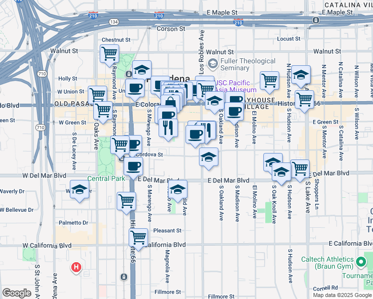 map of restaurants, bars, coffee shops, grocery stores, and more near 178 South Euclid Avenue in Pasadena