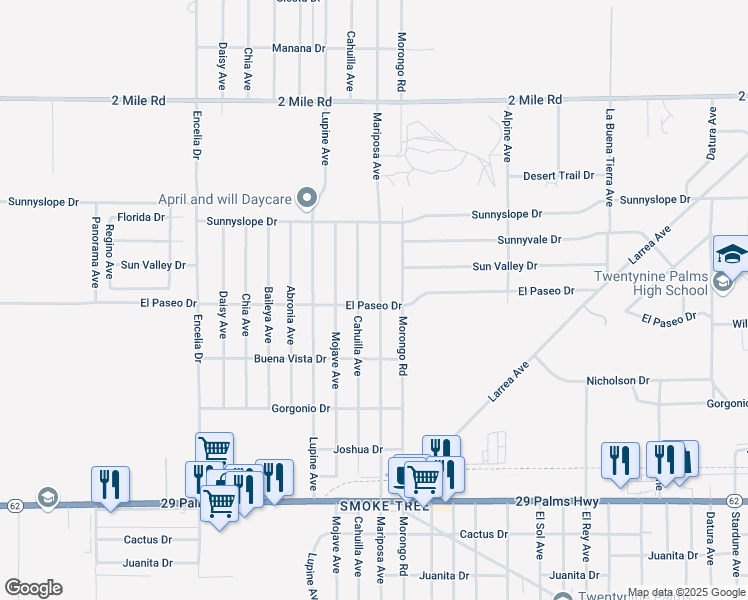 map of restaurants, bars, coffee shops, grocery stores, and more near 72040 El Paseo Drive in Twentynine Palms