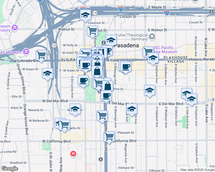 map of restaurants, bars, coffee shops, grocery stores, and more near 150 South Arroyo Parkway in Pasadena