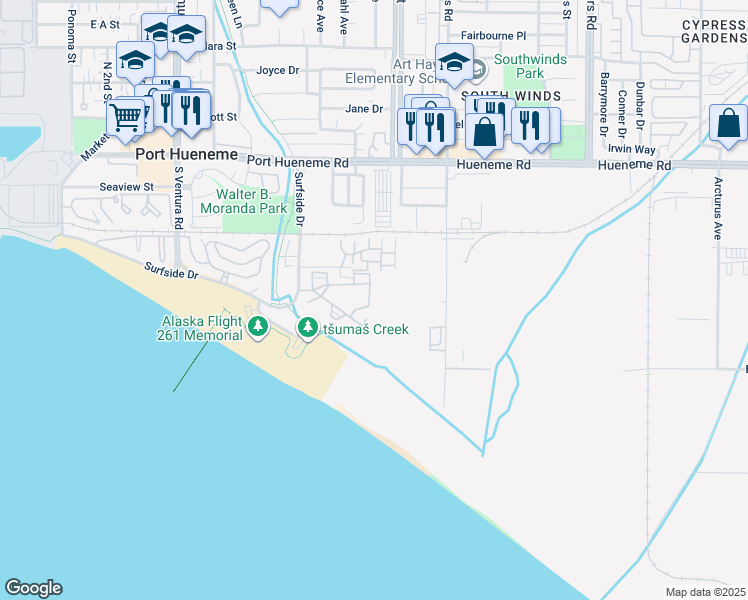 map of restaurants, bars, coffee shops, grocery stores, and more near 962 Lighthouse Way in Port Hueneme