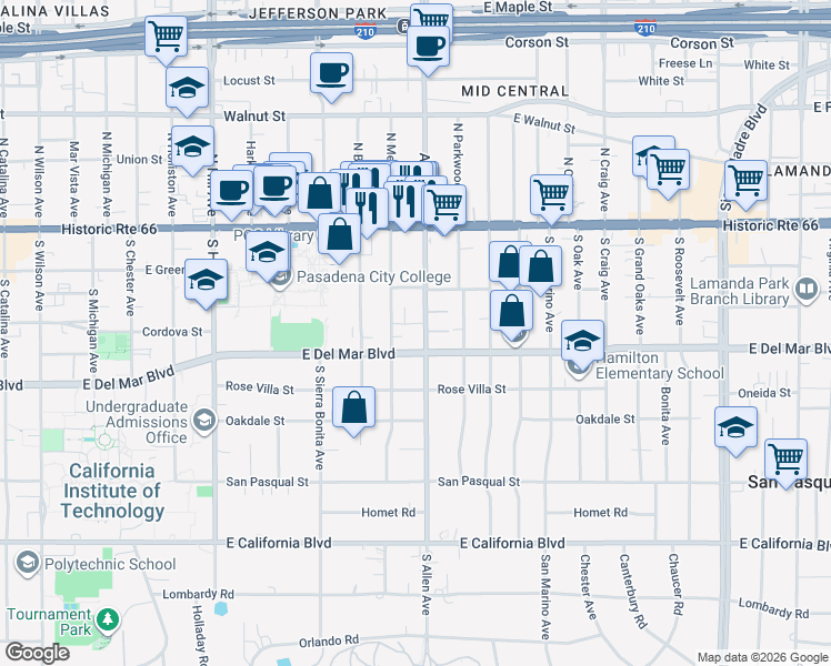 map of restaurants, bars, coffee shops, grocery stores, and more near 164 South Allen Avenue in Pasadena