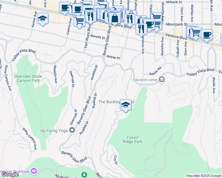 map of restaurants, bars, coffee shops, grocery stores, and more near 3962 Oakfield Drive in Los Angeles