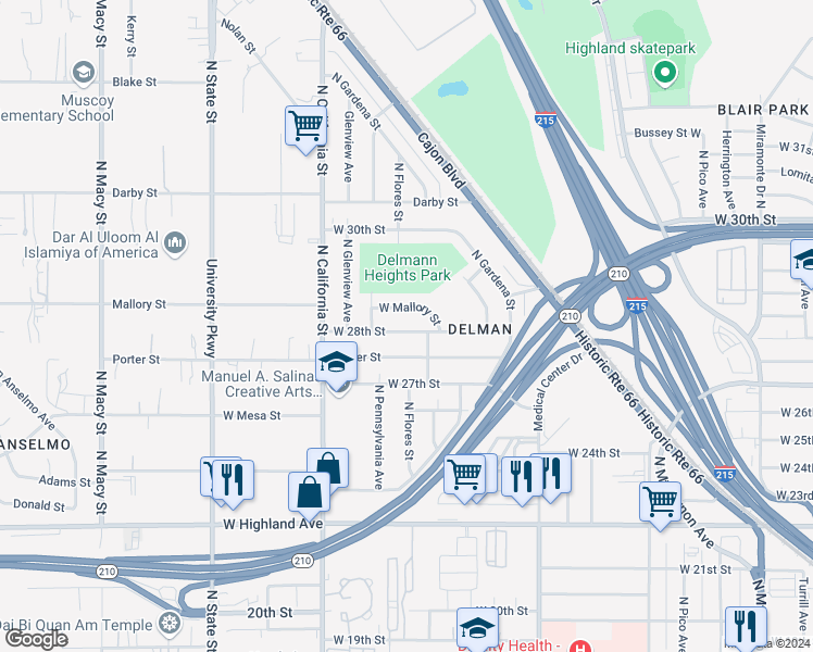 map of restaurants, bars, coffee shops, grocery stores, and more near 1742 West 28th Street in San Bernardino