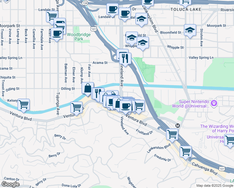 map of restaurants, bars, coffee shops, grocery stores, and more near 4100 Arch Drive in Los Angeles