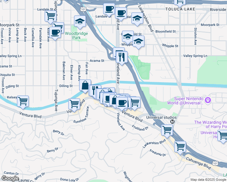 map of restaurants, bars, coffee shops, grocery stores, and more near 4100 Arch Drive in Los Angeles