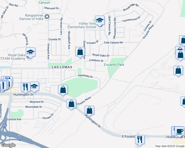 map of restaurants, bars, coffee shops, grocery stores, and more near 893 Sorrento Circle in Duarte