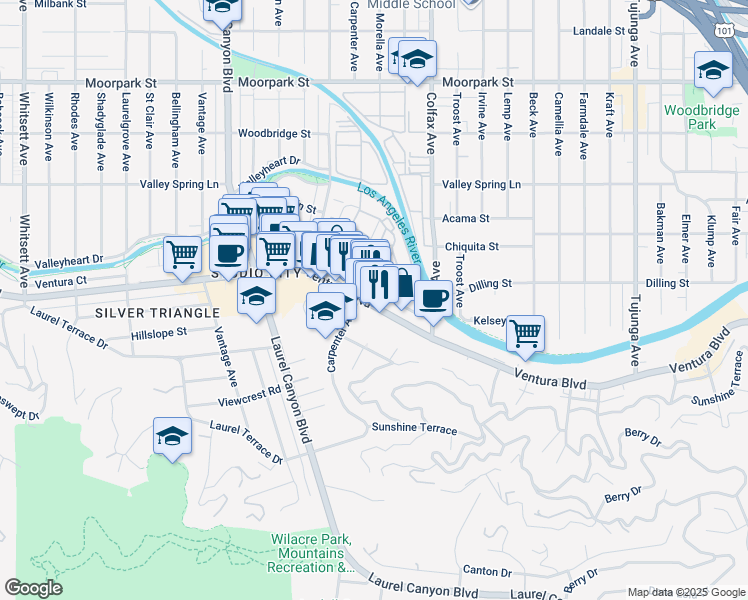 map of restaurants, bars, coffee shops, grocery stores, and more near 11855 Ventura Boulevard in Los Angeles