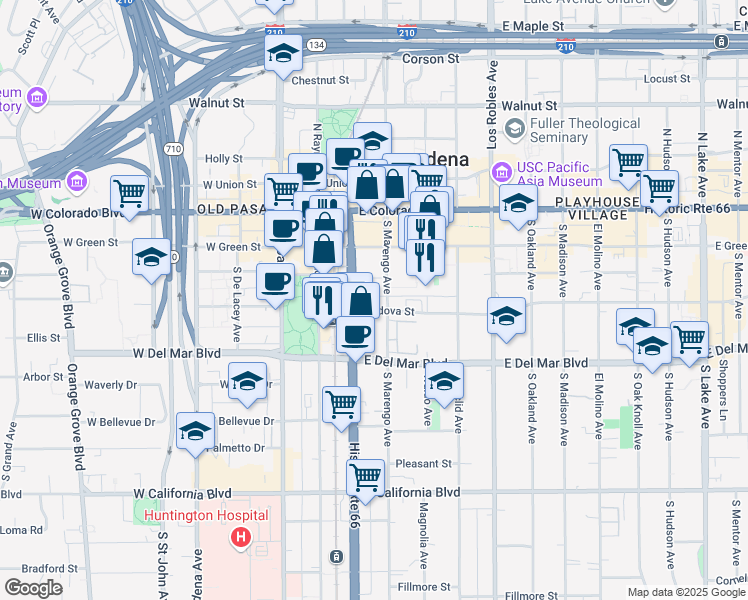 map of restaurants, bars, coffee shops, grocery stores, and more near 181 Marengo Avenue in Pasadena